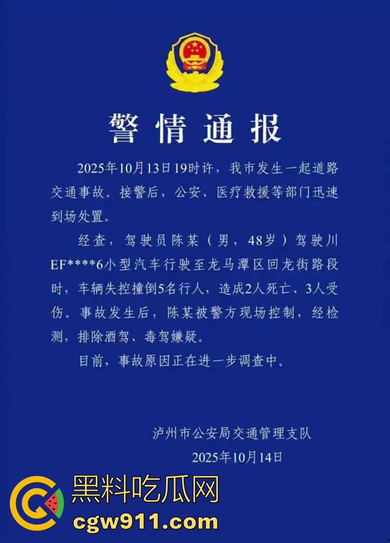 四川泸州龙马潭区,发生严重交通事故,小型汽车通过路口后加速撞向人行道,撞倒5名行人,导致2人当场死亡。-1